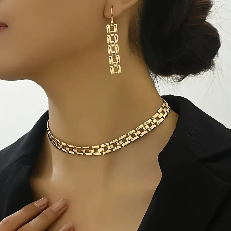 Gold Y2K glossy strap metal chain choker necklace exquisite versatile jewelry can be matched with earring set