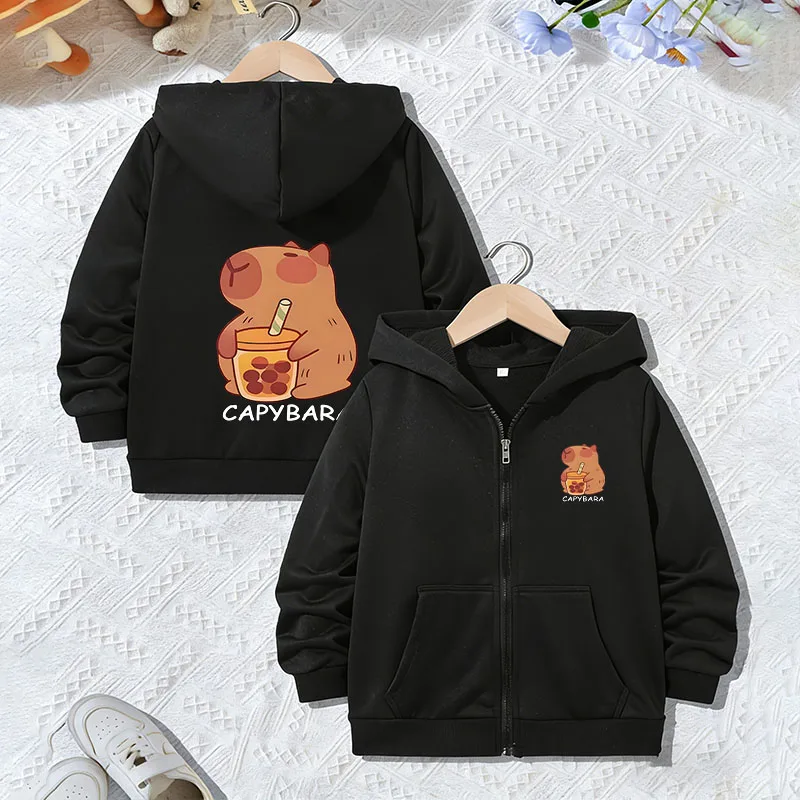 Graphic Hoodie Cute Capybara Drinking Jacket for Boys Girls Zipper Spring and Autumn Trendy Animal Cartoon Sweatshirts Zip Up
