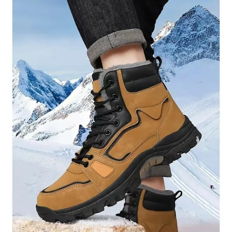 Botas de nieve altas de cuero para hombre, suela gruesa, antideslizantes, impermeables, de felpa gruesa, cálidas, de algodón, para invierno, 2024