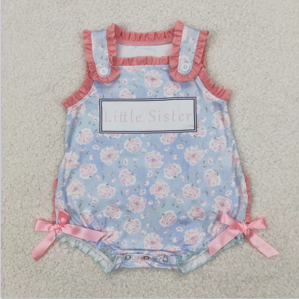 

New Short sleeve Baby Infant Girls Flutter Sleeves Sibling Baby Infant Girls Pink Ruffle Sleeveless Little Sister Floral Rompers