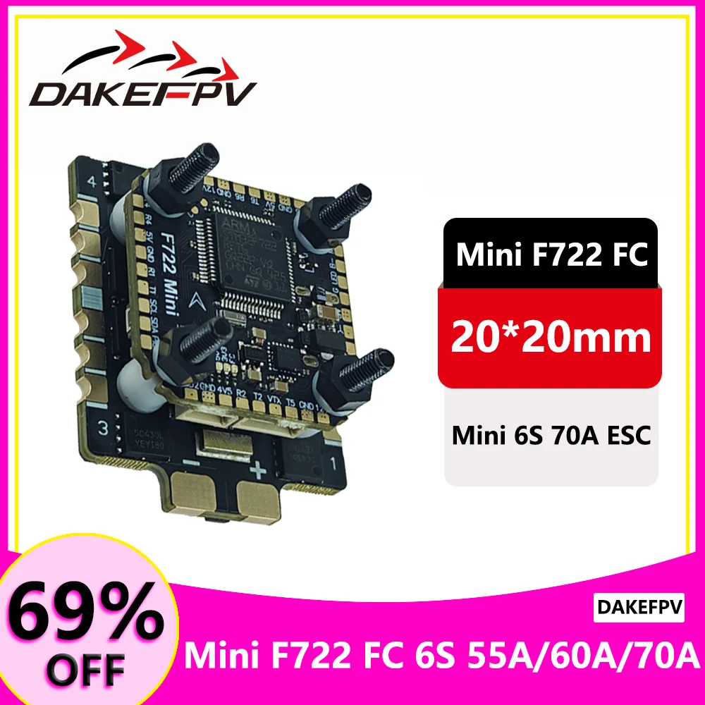 

F722 mini Flight Stack F722 Mini Flight Control 60A ESC 3-6S Lipo 20x20mm ICM42688 Гироскоп для дистанционного управления FPV Racing Drone