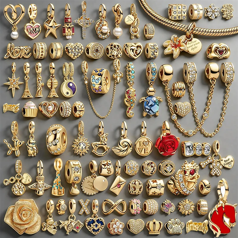 

Gold Plated Charms for Bracelet DIY Jewelry Making Heart Flower Cross Angel Rose Family CZ Pendant Beads for Women Romantic Gift