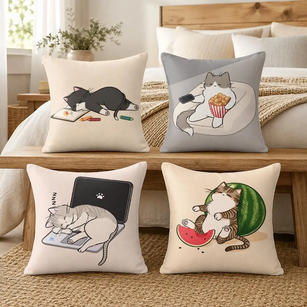 Cute Lazy Cat Cartoon Cushion Cover Silky Short Plush Invisible Zipper Dustproof Sofa Pillow Case For Home Decor