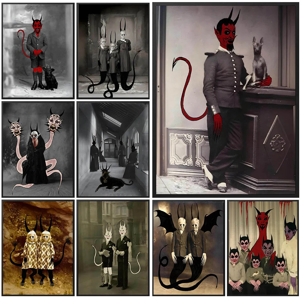 

Gothic Horror Demon Canvas Painting,Occult Red Devil & Surreal Creature Wall Art,Creepy Horned Creature Poster Set Decor
