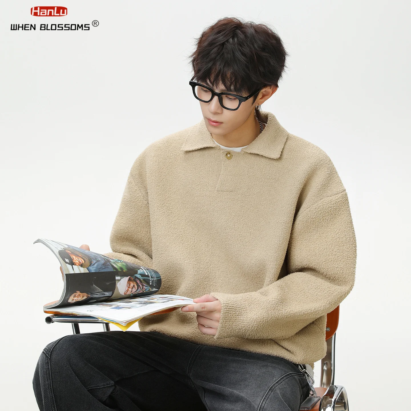 Hanlu 2025 Men's Vintage Half-Pile Sweater Seagull Collar Heavyweight Warm Knitwear Retro Business Casual Pullover