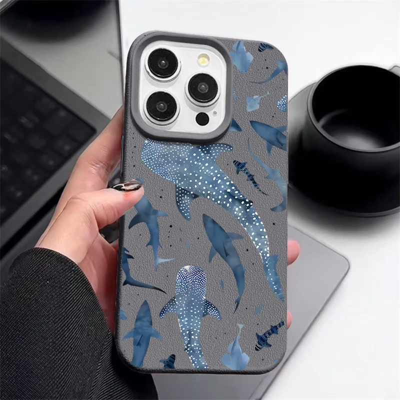 Ocean Shark Whale Pattern Phone Case For iPhone 18 17 16 15 Pro 14 13 12 Pro Max 16 18 Pro 17e 16e 11 Leather Texture TPU Cover