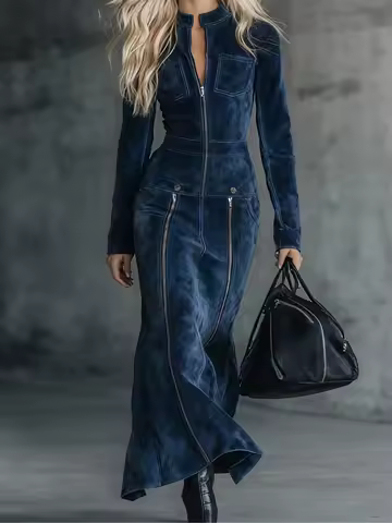 Spring Long Sleeve Slim Bodycon Suede Dress Woman Vintage Solid Zipper Mermaid Long Evening Dress Elegant O Neck Maxi Dress