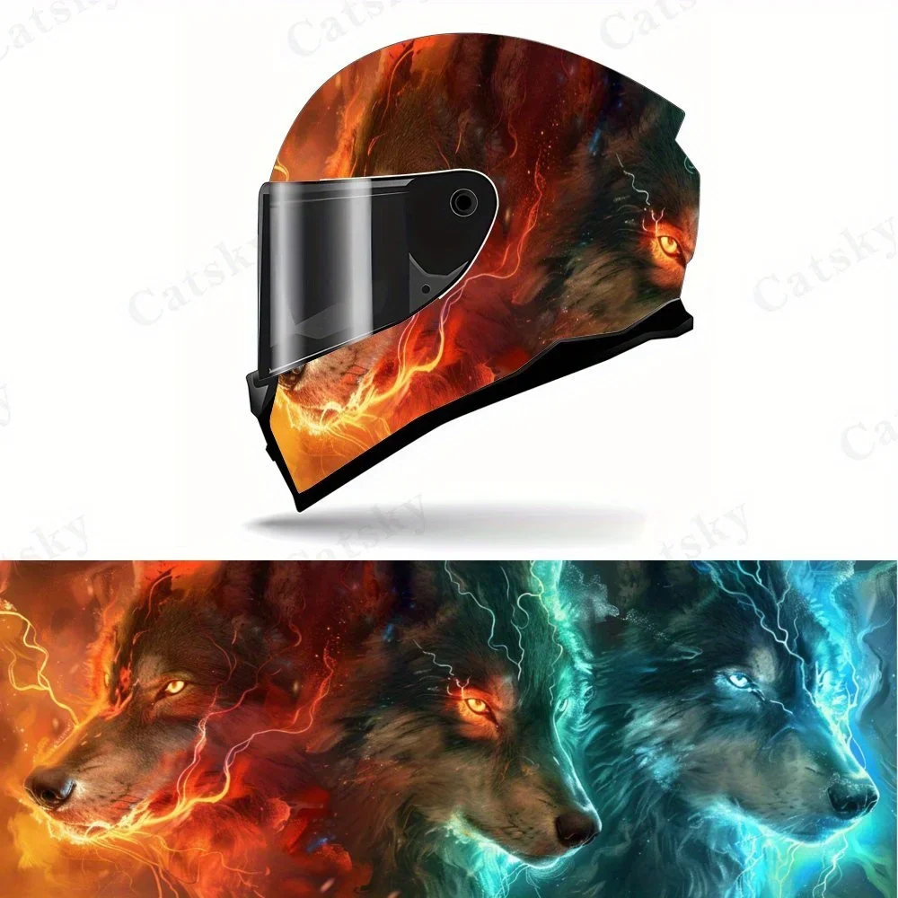 

Two Colored Flames and Three Wolves Motorcycle Helmet Vinyl Wraps Decal, Self-adhesive Waterproof Helmet Decoration, Mighty DIY