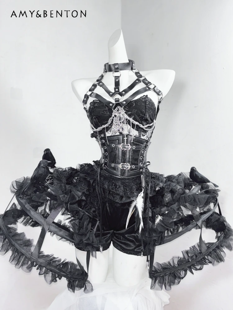 

2025 Summer New Gothic Black Cincher Fishbone Corset Three-Dimensional Crow Lace Birdcage Short Skirt Versatile Pumpkin Shorts