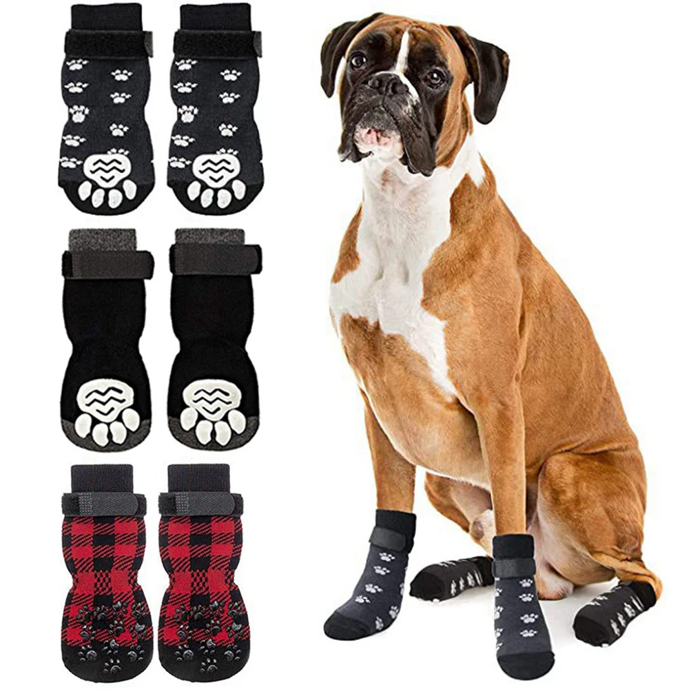 

4pcs Anti-Slip Pet Dog Cat Socks with Adjustable Straps for Pets Paw Protector for Small Medium Dogs Puppy Dog Shoes Indoor Wear