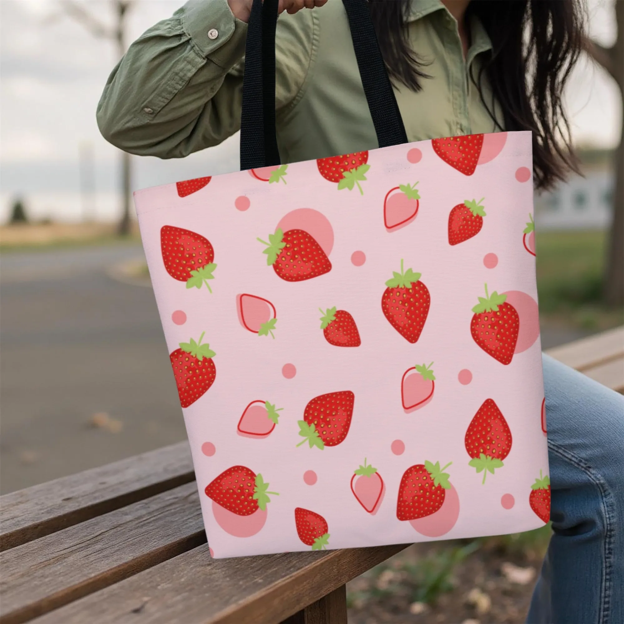 Bolso de mano de lona estilo fresa dulce, bolso de hombro con diseño de fruta rosa para mujer, bolso de compras reutilizable adecuado para viajes diarios