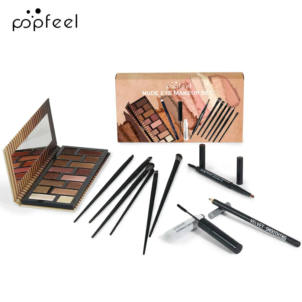 POPFEEL Ensemble de maquillage fard à paupières nu et couleur 16 couleurs - Combinaison complète de maquillage pour les yeux avec eye-liner, mascara, crayon à sourcils, pinceaux.