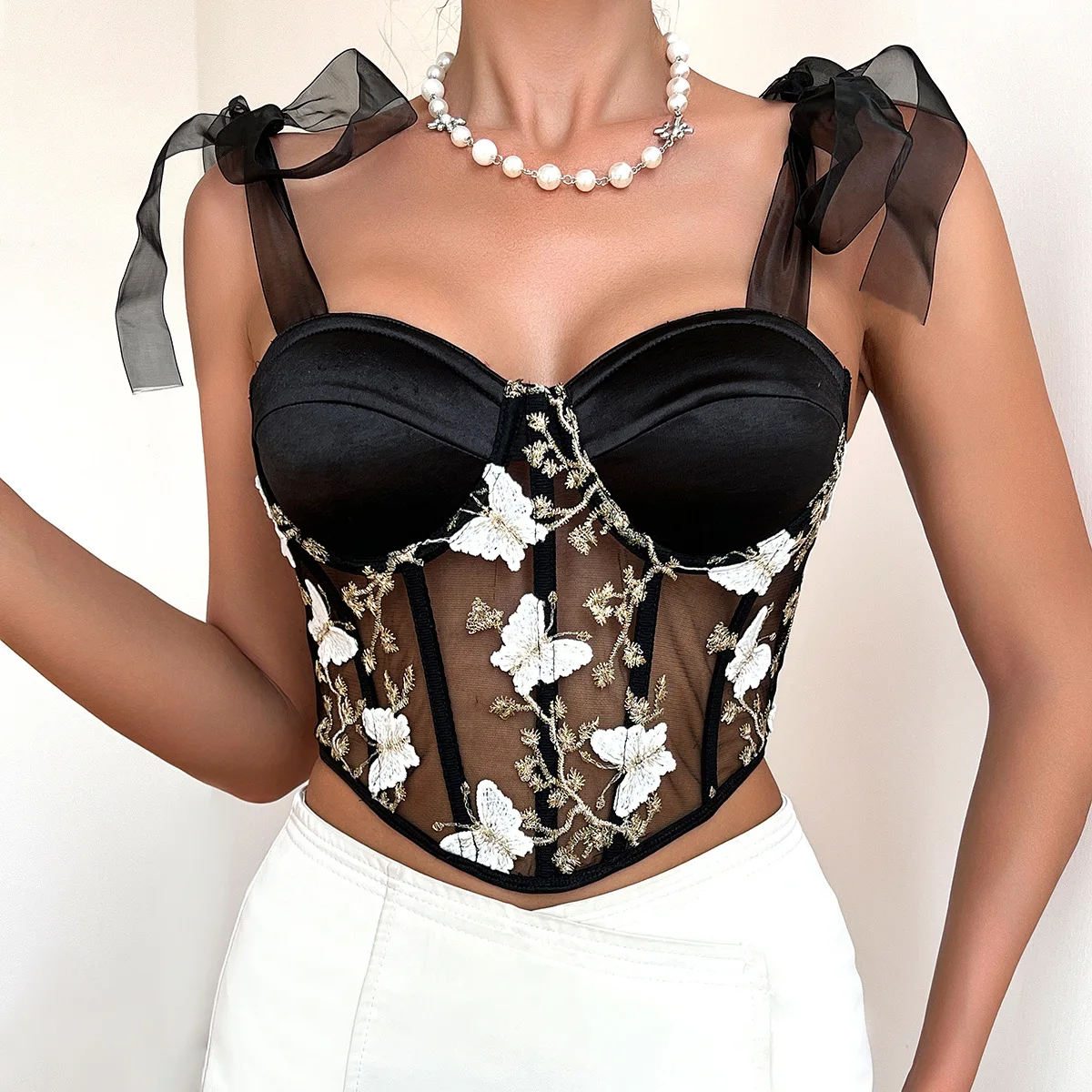 Vemina Sexy Strappy Vest Hollowing Mesh See Through Fishbone Corset Butterfly Embroidery Bustier Crop Top Bow Bandage Halter