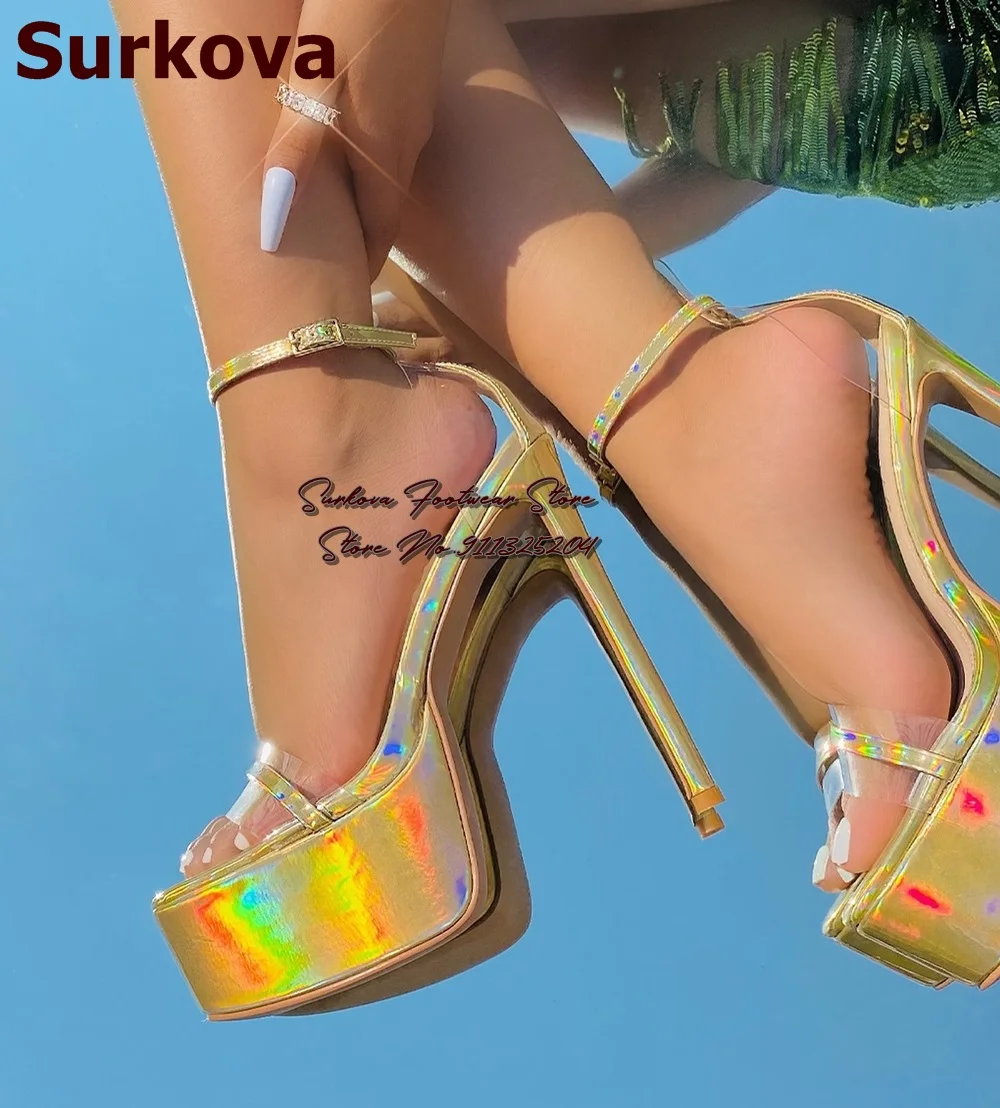 Surkova Golden Pink Silver Hologram Iridescent Patent Leather Sandals Stiletto Heels Platform PVC Band Patchwork Wedding Shoes