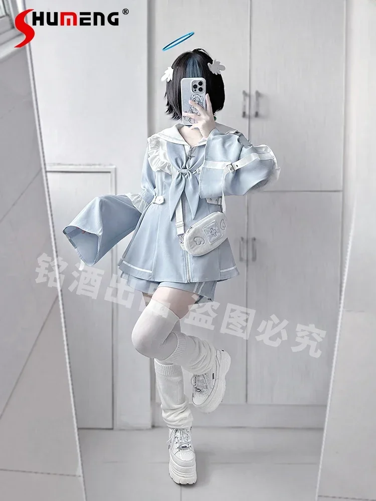 Japanese Mine Series Mass-produced Navy Collar Lace Splicing Sleeve Zipper Short Dress High Waist Shorts Two-piece Sets Women