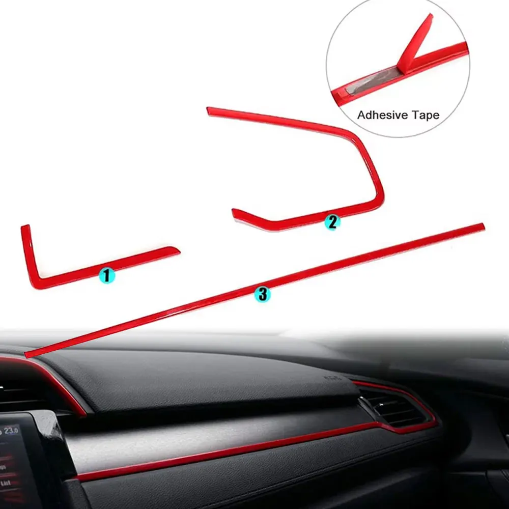 Car Dashboard Frame Strip Red Trim Sticker Auto Interior Parts 3Pcs/set for Honda Civic 10th Gen 2016 2017 2018 2019 2020 2021