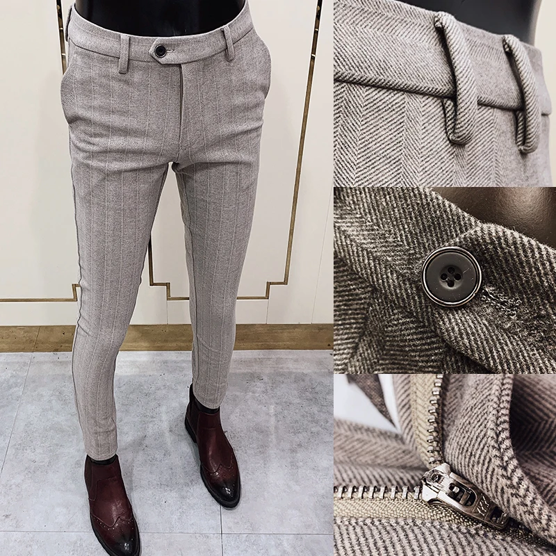 2022Autumn Winter Men Dress Pants Woolen Warm Business Formal Social Suit Pants Casual Slim Striped Fit Cigarette Trousers Men