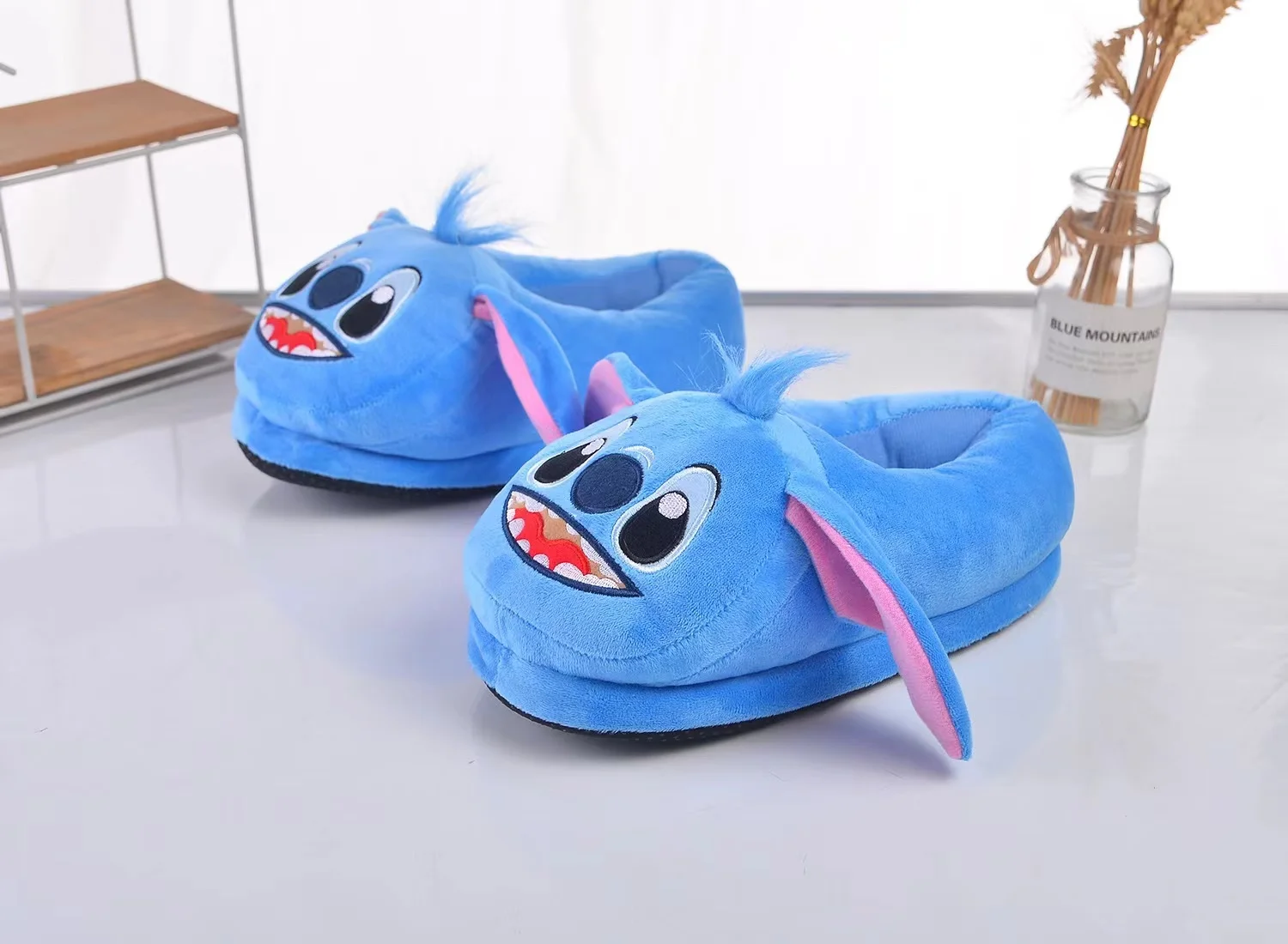 Disney Anime Stitch Winter Heel Cotton Slippers Girl Warm Cartoon Cotton Blue Pink Flats Shoes Uniform Size 35-40 Christmas Gift