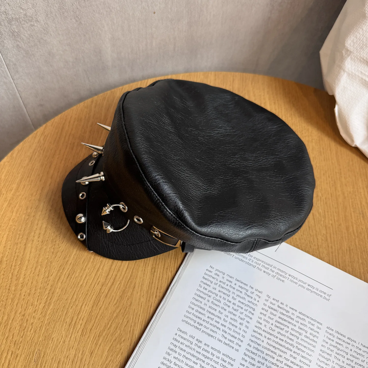 Anime Cosplay Black PU Hat Rivets Decorated Trendy Role-playing Street Style Casual Leather Hat 5