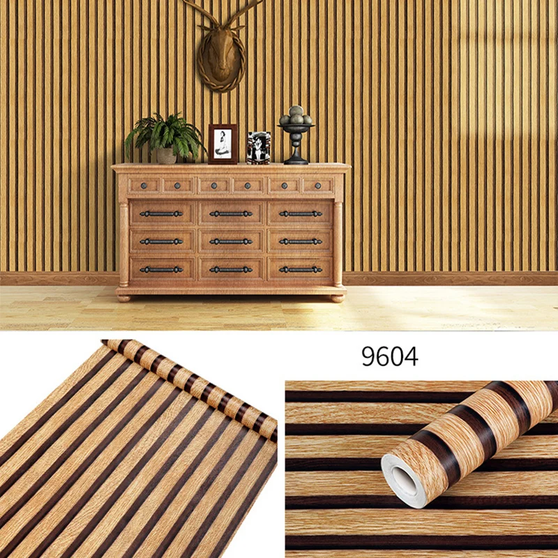 45CM PVC Waterproof Wood Striped Self-Adhesive Wallpaper forBackground Wall Desk Cabinet Furniture Renovation Waterproof Sticker