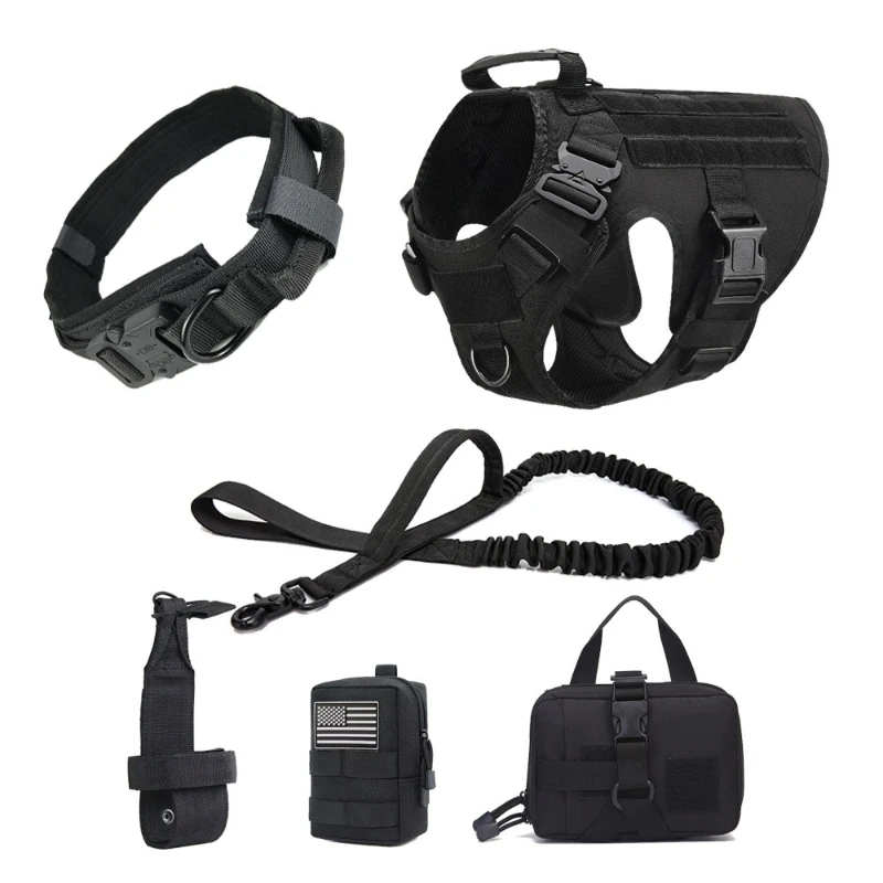 

Outdoor Big Dog Vest Five Piece Set Tactical Dogs Suit Wild Big Dogs Vest Dog Rope with Collars Traction Ropes Chain with Pocket