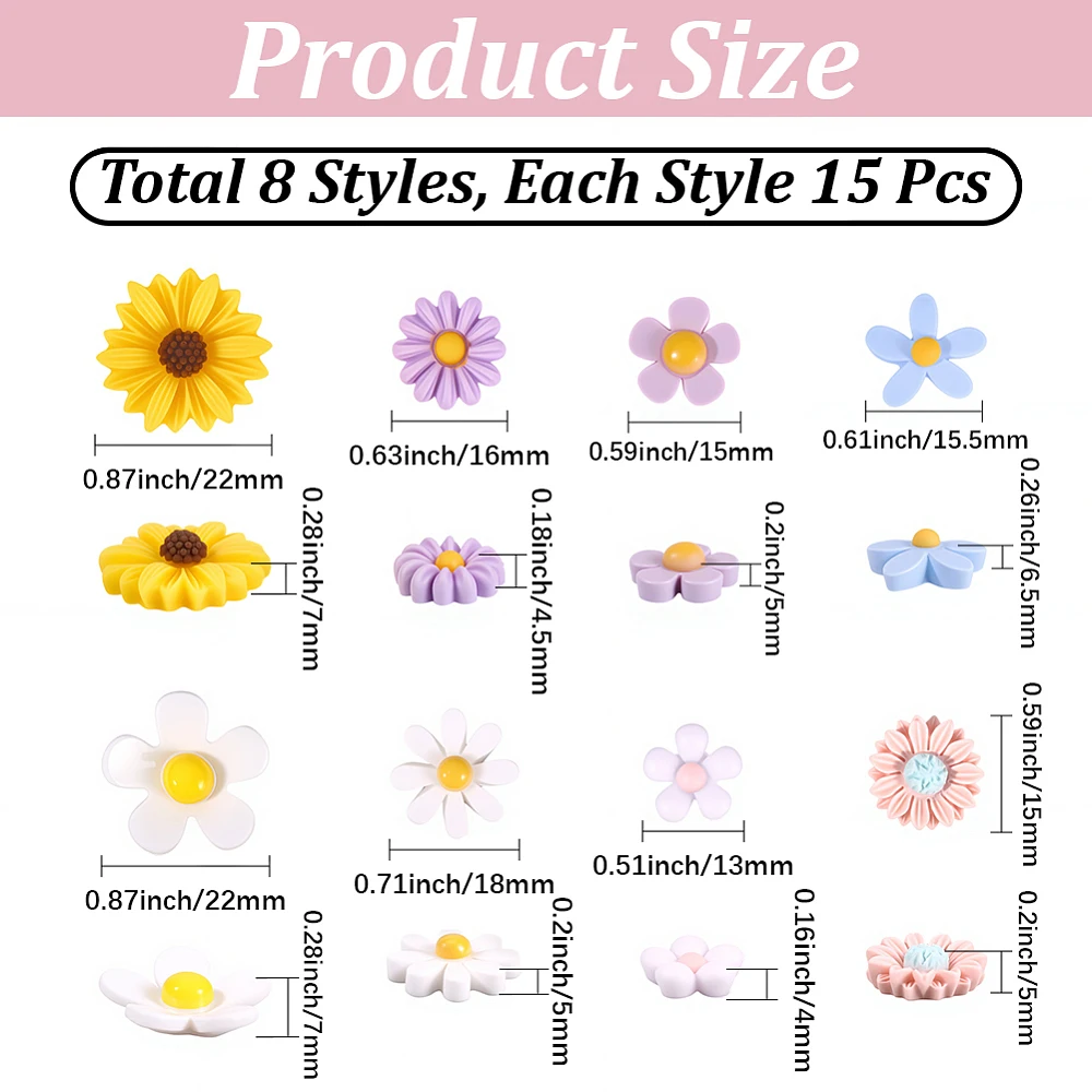 120Pcs 8 Styles Resin Cabochons Flower Mixed Color 14.5~23x4.5~8mm 15pcs/style