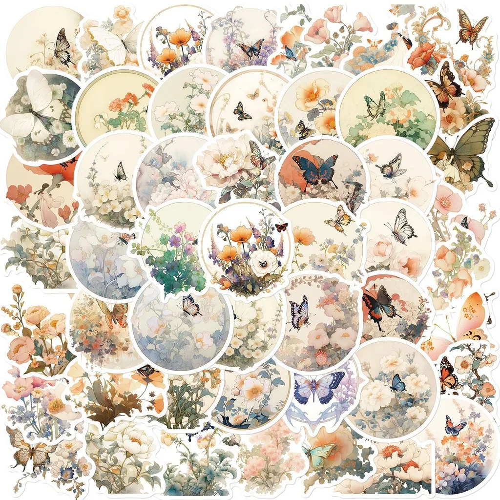 50-Piece Set No Duplicates: Cute Cartoon Vintage Butterfly & Flower Series Stickers - DIY Decor for Laptops Giajar Sticker Store