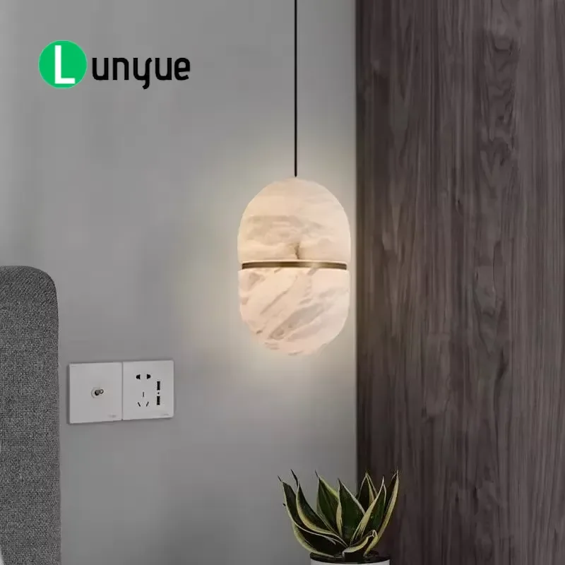 Luxury Natural Spanish Alabaster Chandelier Oval Brass Ring Simple Single Head LED Pendant Light Designer Style for Living
