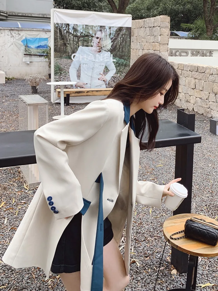 LANMREM Color Block Patchwork Blazer Notched Collar Long Sleeve Loose Asymmetrical Casual Coat Fashion Female 2024 Spring 2N691