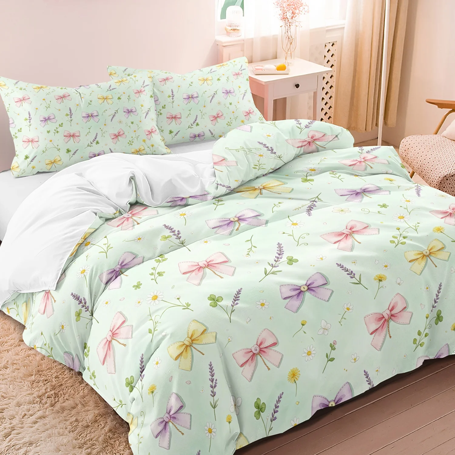 3pcs Green Bow Floral Duvet Cover Set, Colorful Bow Daisy Lavender Print Bedding Set For Family Bedrooms Dormitories Hotels