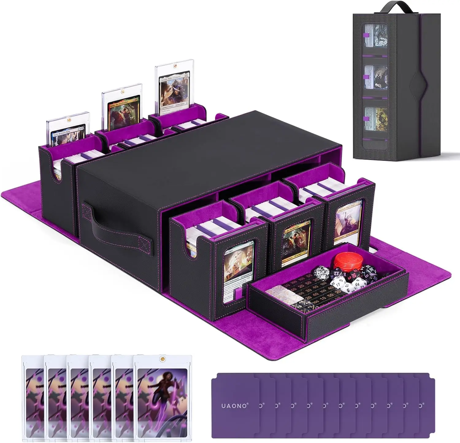 

Модульный кейс для карт MTG на 6 колод с лотком для игральных костей, вмещает более 600 карт с двойными протекторами, магнитные держатели, черно-фиолетовый
