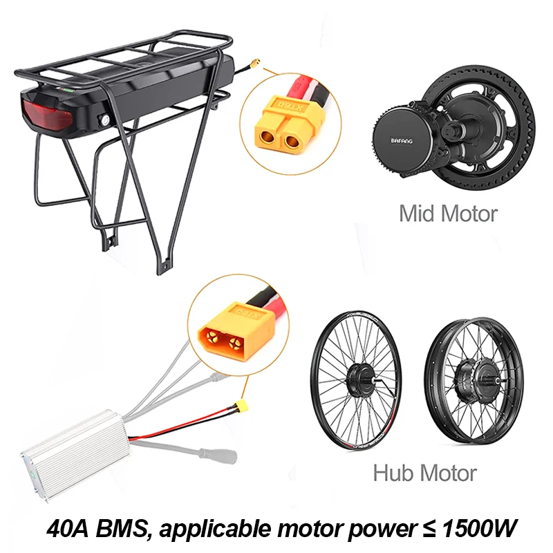 Electric Bicycle Rear Rack Battery, Ebike Lithium Battery, 48V, 36V, 23Ah, 52V, 21Ah, 40A BMS for BaFang 500W, 1000W Motor