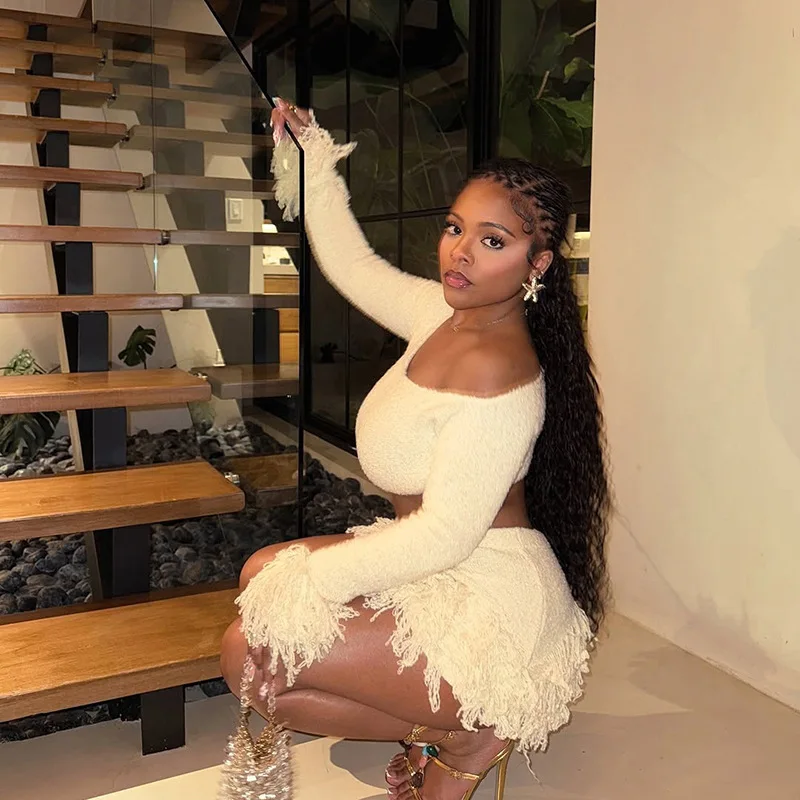 شقيقة ستار البدلة موضة الفرنسية متماسكة مثير خارج الكتف كم طويل موضة شرابة تنورة قصيرة ملهى ليلي حفلة قطعتين الزي