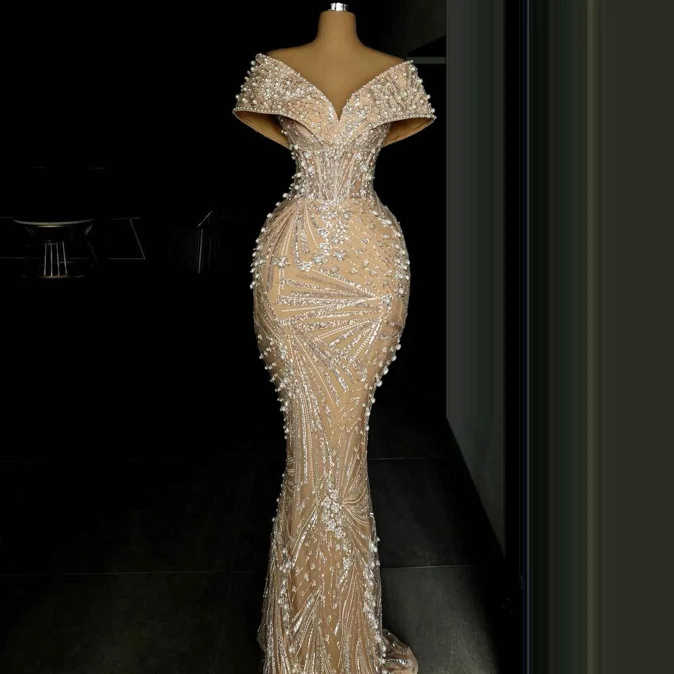 Robe de Cocktail Champagne foncé, épaules dénudées, avec cristaux, Maxi longue robe de soirée de mariage, robes de bal formelles personnalisées