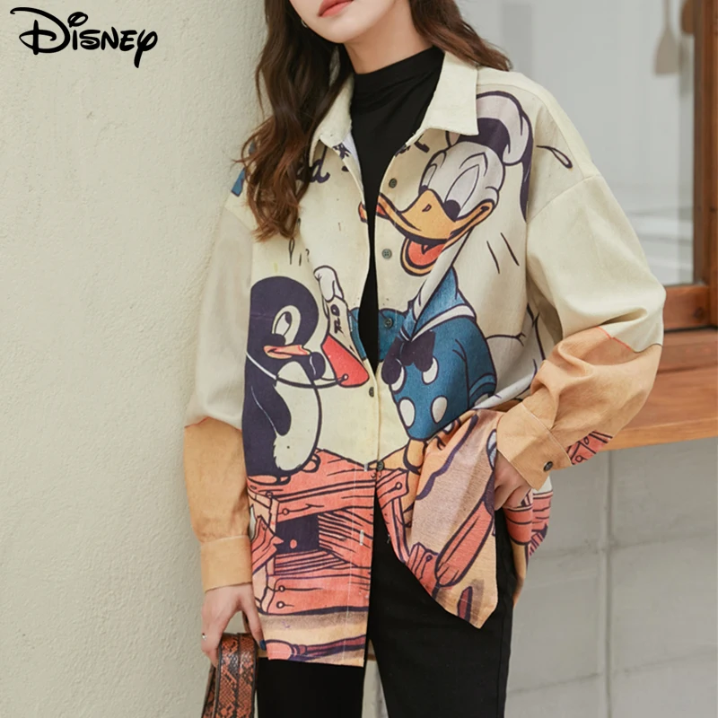 Disney 2022 New Arrival Top Fashion Autumn Cotton Loose Ins Couple Casual Cartoon Donald Duck Print Long Sleeve Casual Shirts