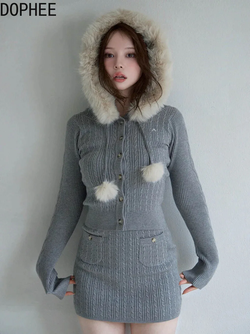 

Japanese New Autumn Plush Hooded Knitted Cardigans Top Long Sleeve Slimming Sweaters Elegant Double Pockets Bodycon Skirts