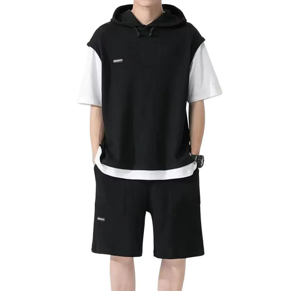 Waffle Fabric T-shirt Shorts Set Men's Casual Sport Outfit Set with Hooded Top Elastic Waist Shorts Two-piece Waffle for Active