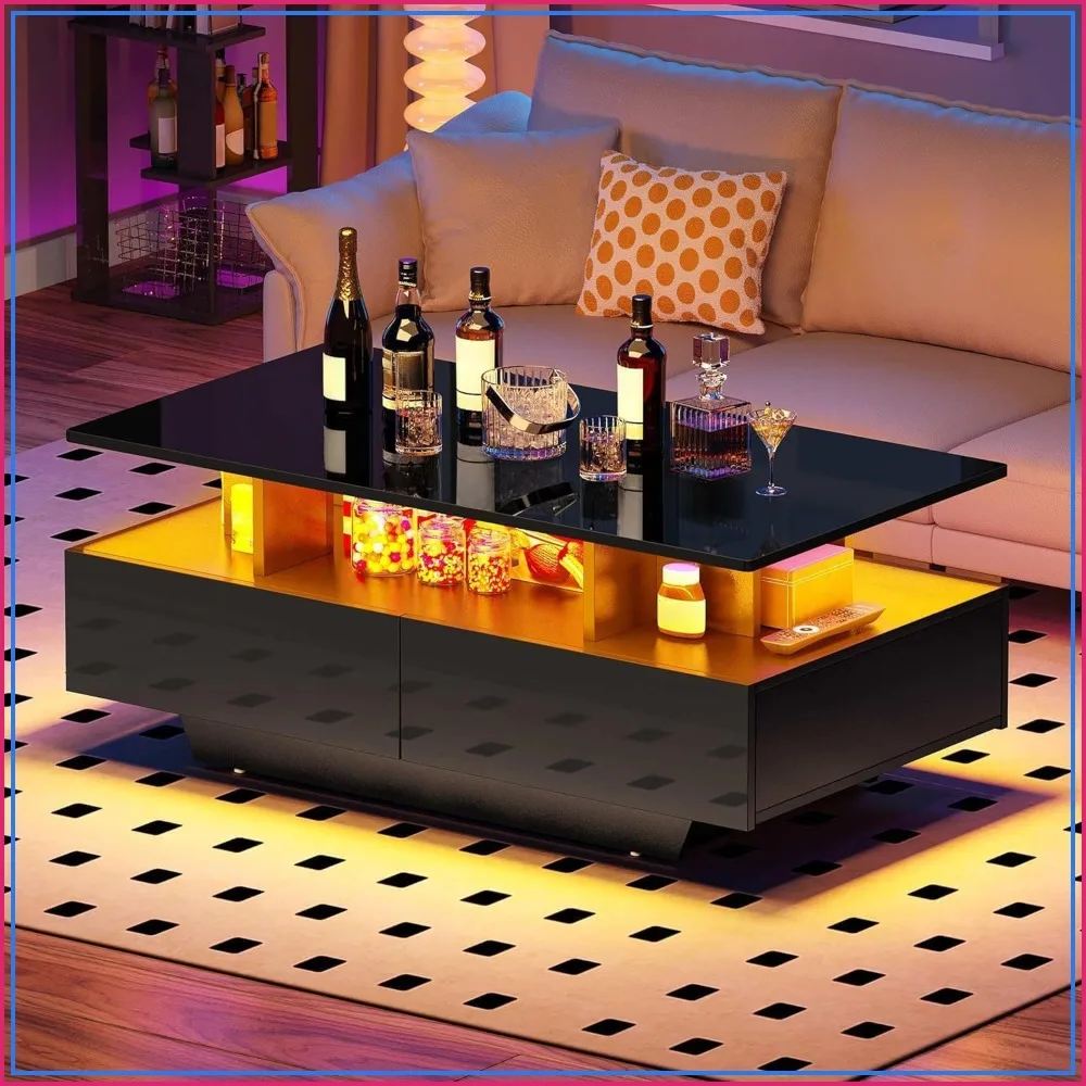 LED Coffee Table with Storage 4 Drawers High Glossy Modern Black Living Room