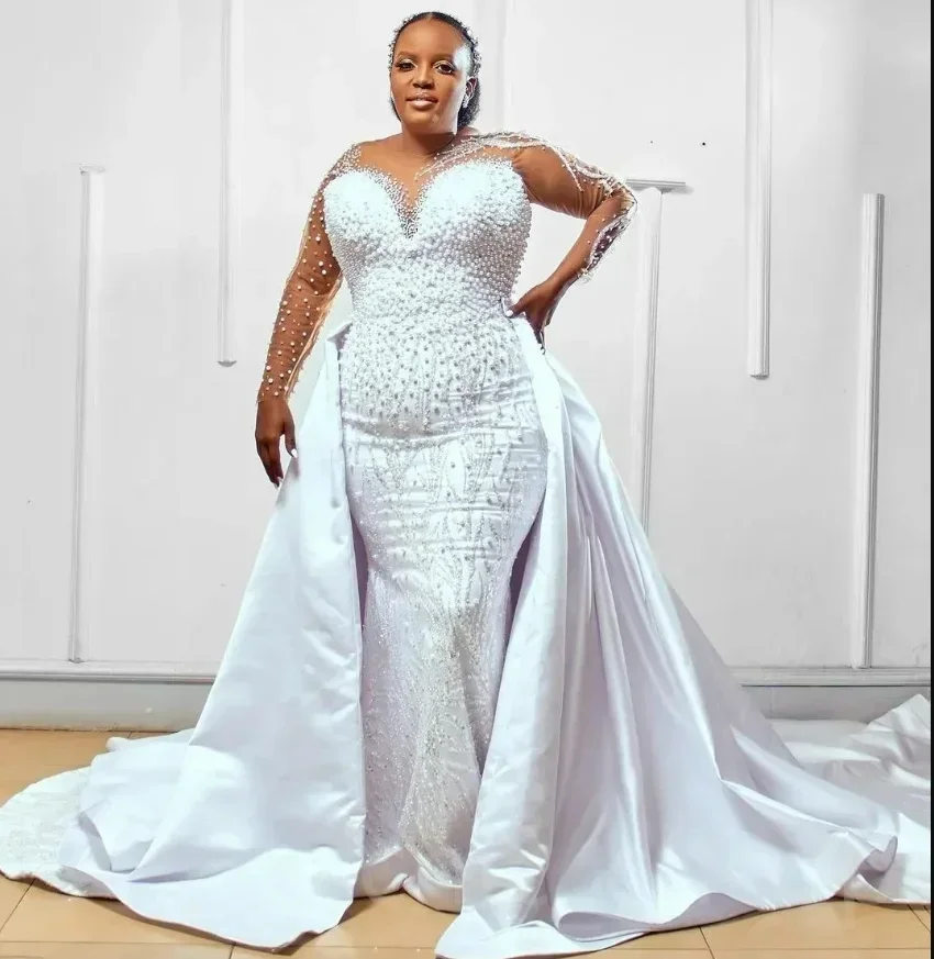 Customized  Sparkly Pearls Beads Wedding Dress with Removable Skirt  Vestidos De Novia Plus Size  Long Sleeves  Bridal Gowns