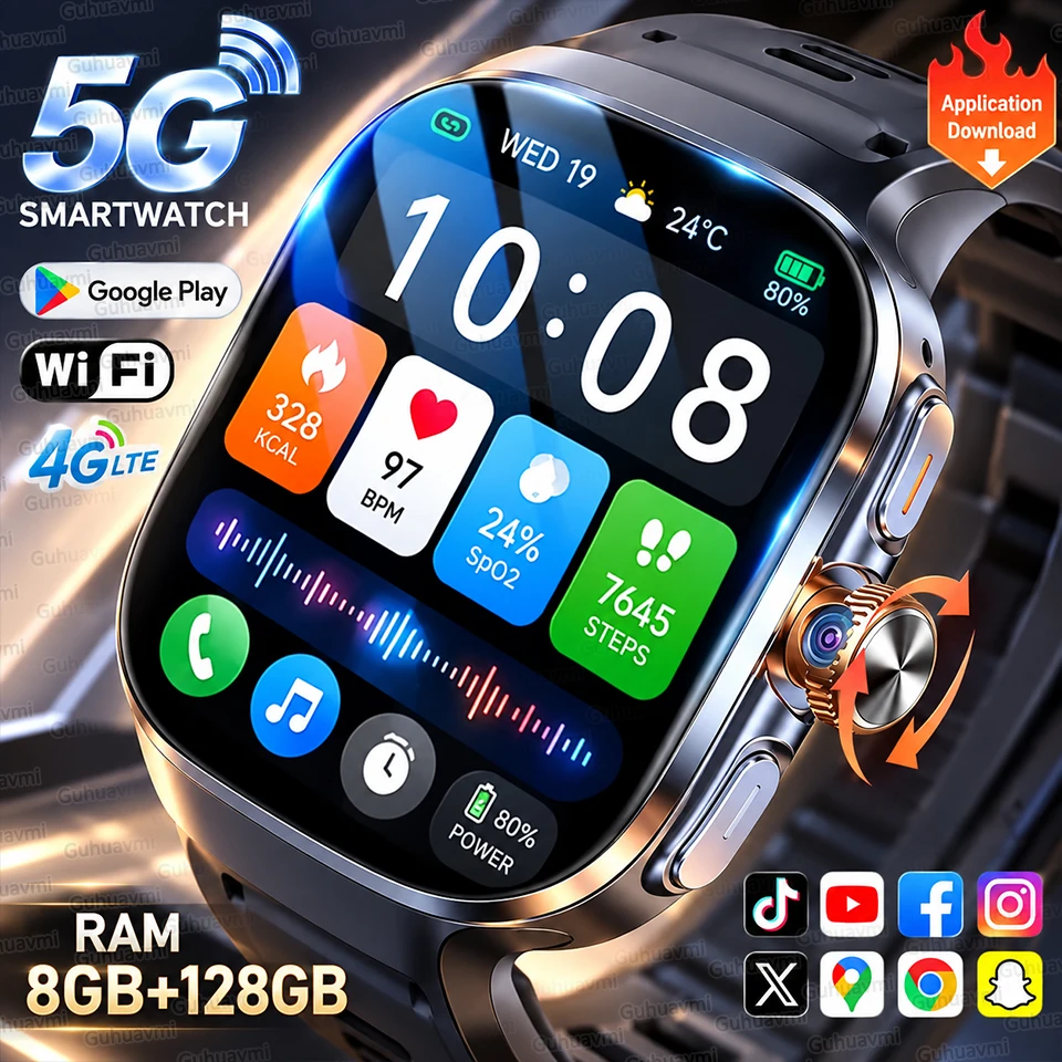 5G/4G Full Network SIM Smart Watch 2.4inch 480*480 AMOLED Screen Video Call 8GB+128GB RAM Google Play WIFI GPS Camera Smartwatch