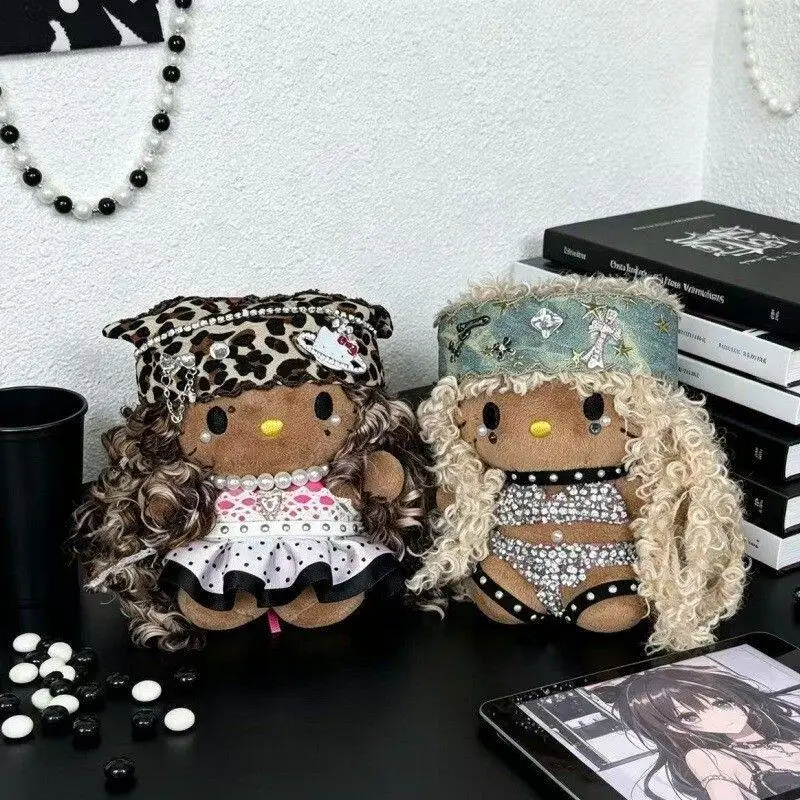 Hello Kitty Sanrio Long Curly Hair Flash Bikini Leopard Print Scarf Plush Toy Keychain Backpack Decoration Pendant Friend Gift