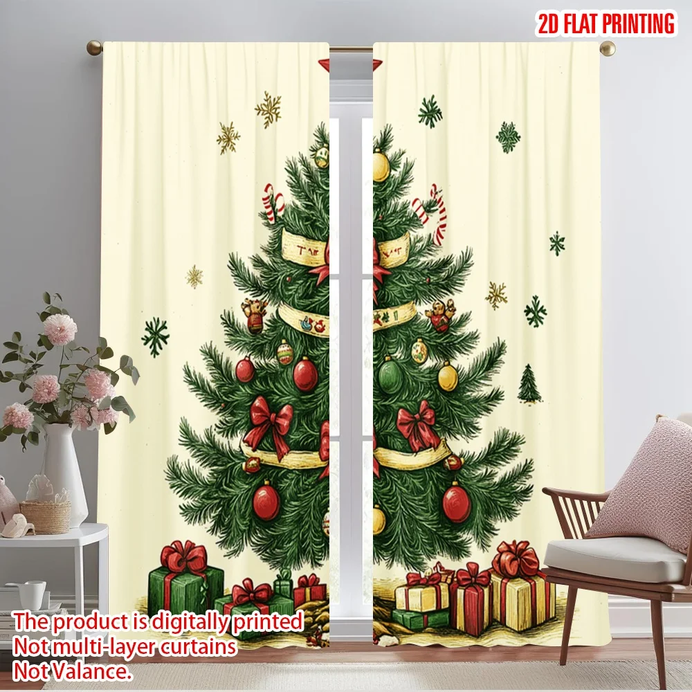 2pcs,2D plane printing Curtains Roller Blinds Christmas Tree Ornaments Festive Decorations Versatile 100% Polyester (without