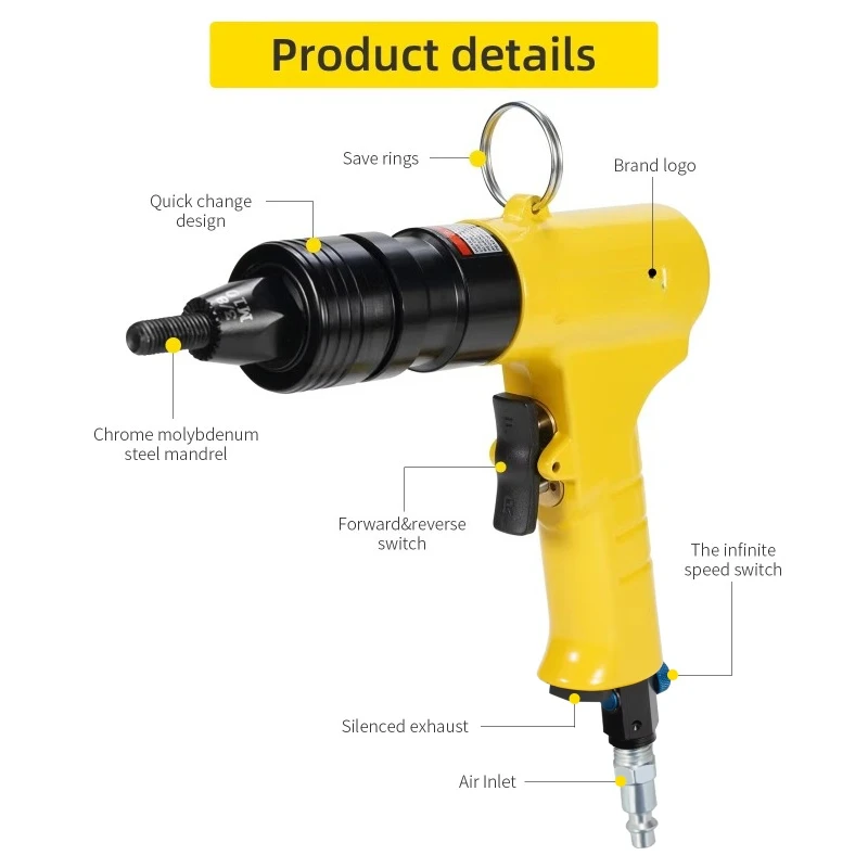 Pneumatic Rivnut Tool for M3-M12 Rivet Nut, Air Powered Threaded Insert Pull Setter Riveter for Riveting Nut Installation Repair