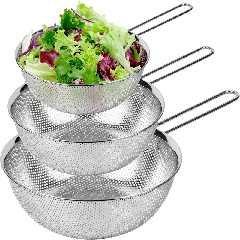 

Premium 18/8 304 Stainless Steel Strainer Set of 3 with Long Handle, Micro-Perforated Colanders 1.5-2.5-4 Quart Set