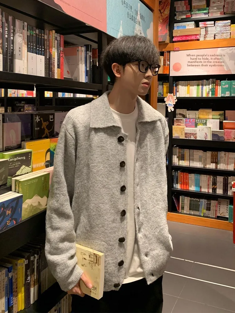 

Мужской вязаный кардиган с цветочным узором, свободный крой, винтажный американский стиль, осенняя коллекция