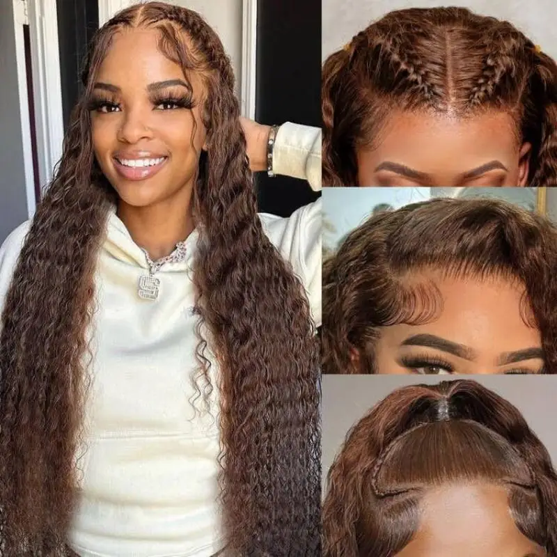 

13x4 Deep Wave Lace Front Wigs Human Hair Chocolate Brown Deep Curly Human Hair Wig for Women 250% Density HD Lace Front
