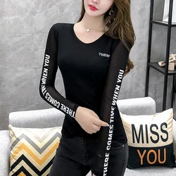 #8007 Black Red Green Blue Letters Print Long Sleeve T Shirt Women Elastic Mesh Skinny Thin Casual Streetwear Women's T-shirt