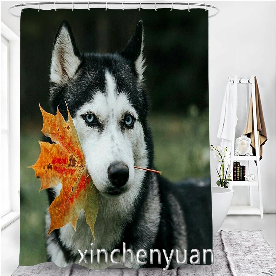 phechion New Creative Husky Dog Waterproof Bathroom Curtain 3d Printed Fabric with Hooks Decoration Shower Curtain M67