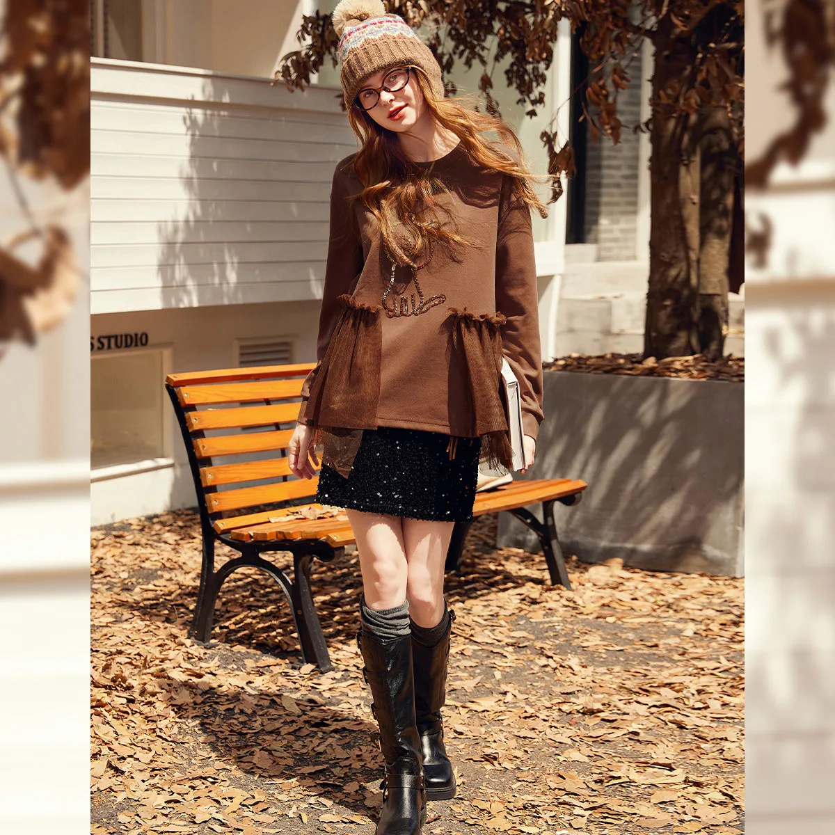 LOUISYAO Embroidered Sequin Splicing Mesh Women's Sweatshirts 2025 Winter Top Round Neck Sleeves Micro Elastic Hoodie