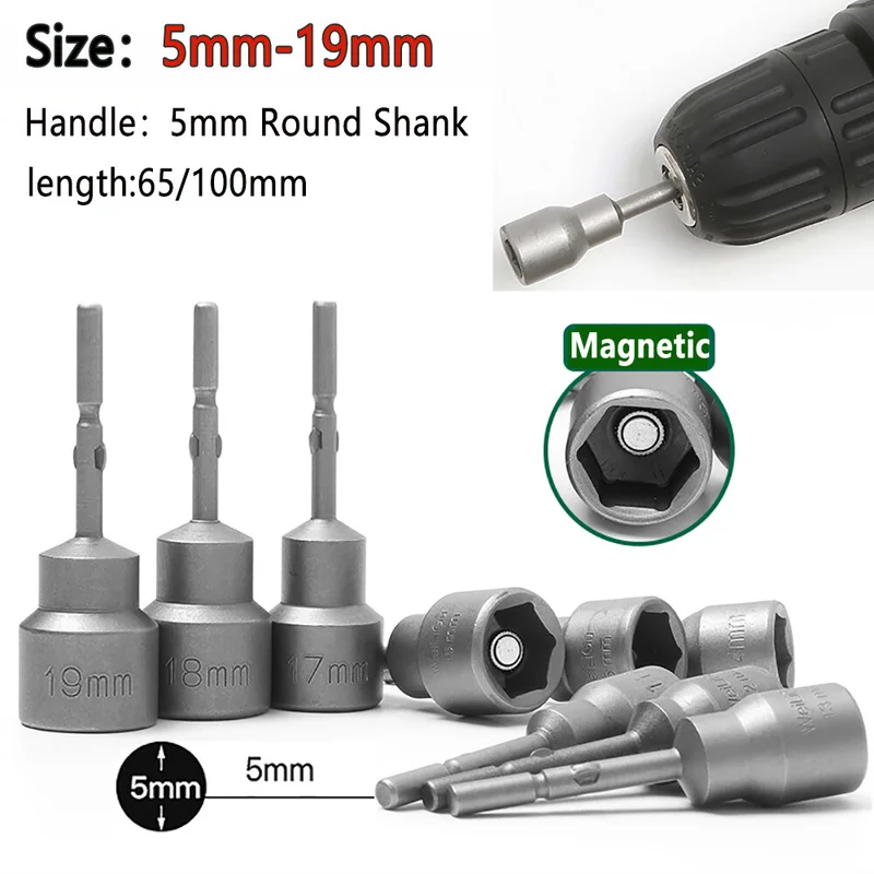 

5mm Round Shank Hex Nut Driver 5mm-19mm Metric Socket Impact Drill Bit long 65mm